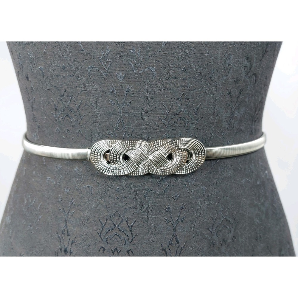 Vintage Silver Metal Skinny Stretch Belt with Knot Buckle 26" Flat - 28" stretch